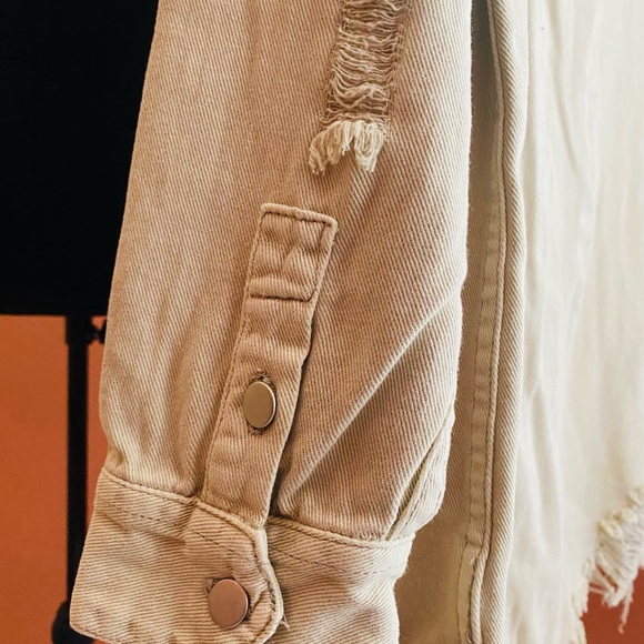 American Bazi Full Size Distressed Button Down Denim Jacket in Sand - Picture 11 of 11